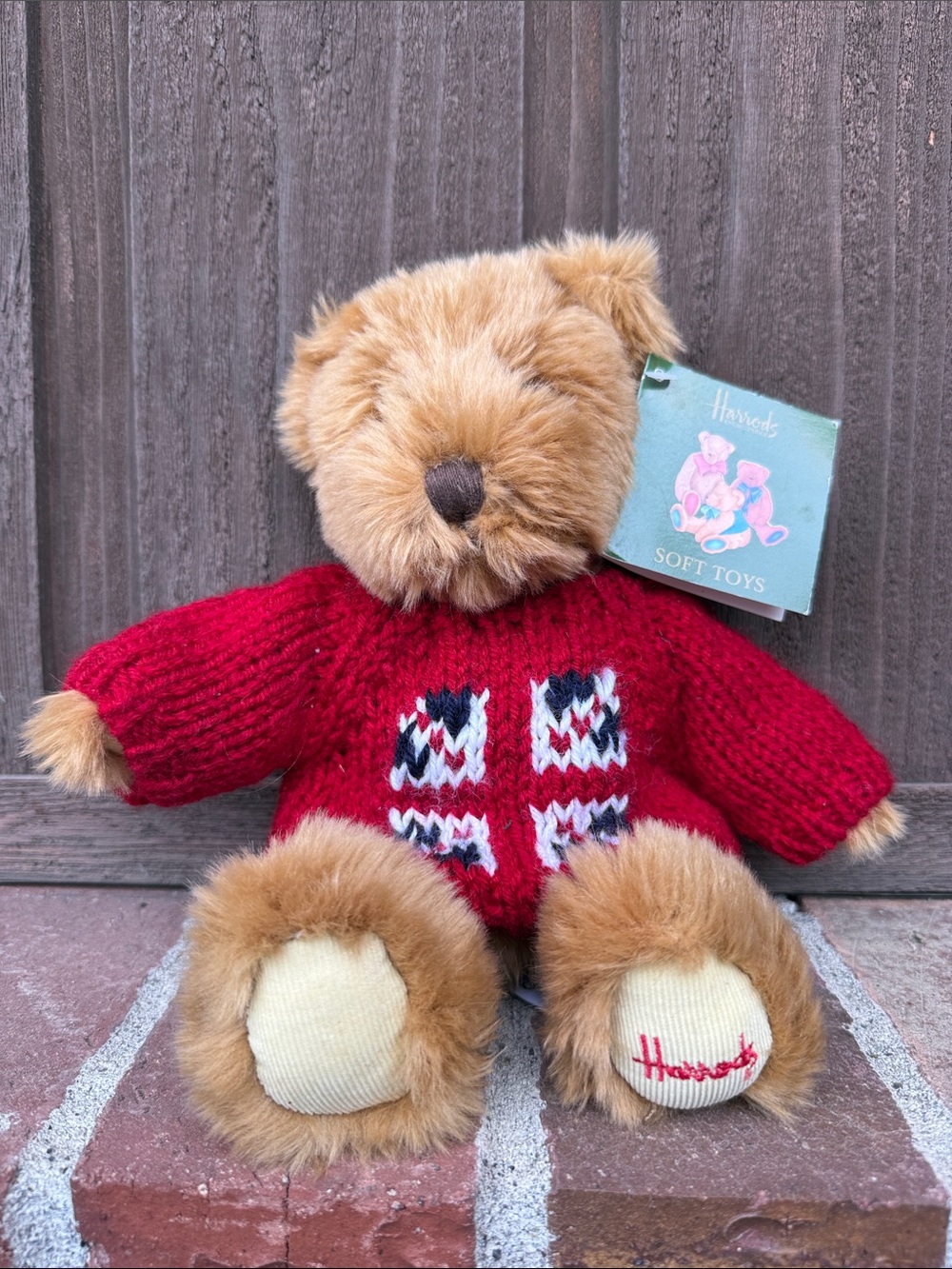 Harrods Brown Teddy Bear in Red Knit Sweater